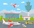 Edificio del aeropuerto de dibujos animados y aviones. Vector 2024