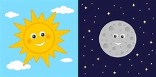 Day and night concept. Cute sun and moon characters. Sun on blue cloudy ...