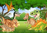Dinosauri felici dei cartoni animati che vivono nella giungla | Vettore ...