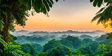 Fondo de pantalla con un paisaje tropical al amanecer selva con ...