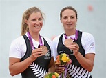 Rebecca Scown & Juliette Haigh celebrating their bronze on the podium ...