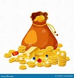 Cartoon Big Old Bag with Gold Coins Jewelry. Cash Prize Vector Concept ...