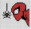 A pixel art template of Spider-Man looking at a brown spider, hanging ...