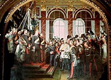 an old painting of men and women standing in front of a crowd