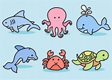 Set Cute Animal Sea Fish Ocean Cartoon Fish, Shark, Crab, Turtle, Puffer, Squid, Octopus, Whale ...