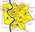 Mapa dos 19 distritos (municipi) e bairros de Roma