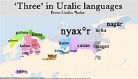 The word for 'three' in Uralic languages [OC][2357 × 1356] : etymologymaps