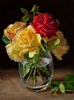 Wang Fine Art: rose flower in a glass vase still life painting original ...