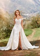 A-line Beaded Ivory Lace Satin Side Slit Wedding Dress With Detachable ...