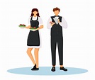 Hotel waiters in uniform flat color vector illustration. Food catering ...