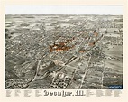 Historic map shows bird's eye view of Decatur, Illinois in 1878