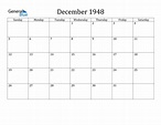 December 1948 Calendar (PDF Word Excel)