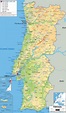 Grande mapa físico de Portugal con carreteras, ciudades y aeropuertos ...
