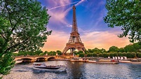 Paris Eiffel Tower And Trees On Sides And Lake And Boats On Front With ...
