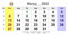 Calendário de março de 2022 com feriados nacionais fases da lua e datas ...