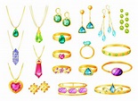 Cartoon gold jewelry with gemstones, wedding rings, earrings, bracelets ...