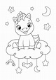 Unicornio bebé feliz sentado en la nube para colorear página | Vector Premium