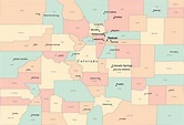 Multi Color Colorado Map with Counties, Capitals, and Major Cities