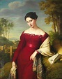 Retrato de una dama elegante, en tres cuartos, con traje rojo y chal ...