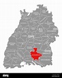 Sigmaringen county red highlighted in map of Baden Wuerttemberg Germany ...