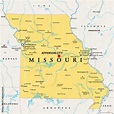 Missouri, MO, political map, with capital Jefferson City, and largest ...