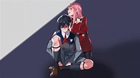 darling in the franxx zero two hiro with backgorund of blue and white ...