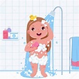 Little child girl character take a shower. Daily routine. Bathroom ...