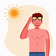 Young man with skin sunburn under strong sunlight in flat design ...