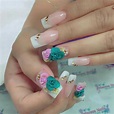 Uñas acrílicas French flores 3D | Glitter nail art, Glitter nails ...
