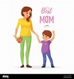 Vector cartoon style illustration of happy mother holding flowers with ...