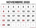 Calendario noviembre 2020 para imprimir - Calendarena