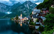 Hallstatt, Salzkammergut, Austria, mountains, evening, lake, boats ...