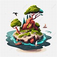 Archipelago Clipart Island With Trees And Small Ships And Bird In The ...