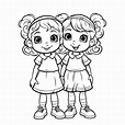 Two Little Sisters Coloring Pages Outline Sketch Drawing Vector, Easy ...