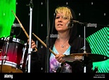 Cat Myers of Honeyblood drumming at Victorious Festival 2015 with hood ...
