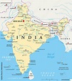 Obraz Mapa polityczna Indii ze stolicą New Delhi, granicami państwowymi ...