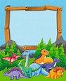 Muchos dinosaurios en el marco de madera de la naturaleza | Vector Premium