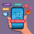 Stop Cyberbullying. Hand holding smartphone with bad emoticon cartoon ...