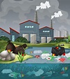 Contaminación del agua con bolsas de plástico en el río. | Vector Gratis
