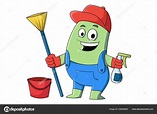 Vector Cartoon Illustration Cleaning Man Ready Cleaning Isolated White ...