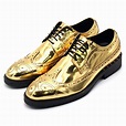 Gold leather shoes men Classic Bullock mirror carved mens shoes genuine ...