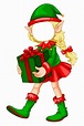 a little elf carrying a green box with a red bow on it's head