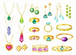 Cartoon gold jewelry with gemstones, wedding rings, earrings, bracelets ...