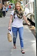 Hilary Duff - Cute spring look - White tee, jeans, floral scarf and ...