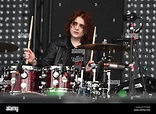 Drummer Ciara Doran is shown performing on stage during a "live" stand ...