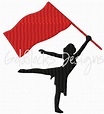 a person holding a red flag in the air with one arm up and another leg down