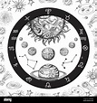 Concepto de astrología con planetas. Universo dibujado a mano, sistema ...