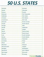 Printable List of 50 US States