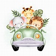 Animais de safári fofos em aquarela no carro | Vetor Premium