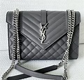 YSL Saint Laurent Dark Grey Leather Medium Envelope Sling Bag 100% ...